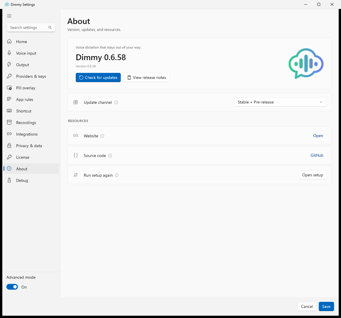 About tab with version number, Check for updates button, and link list