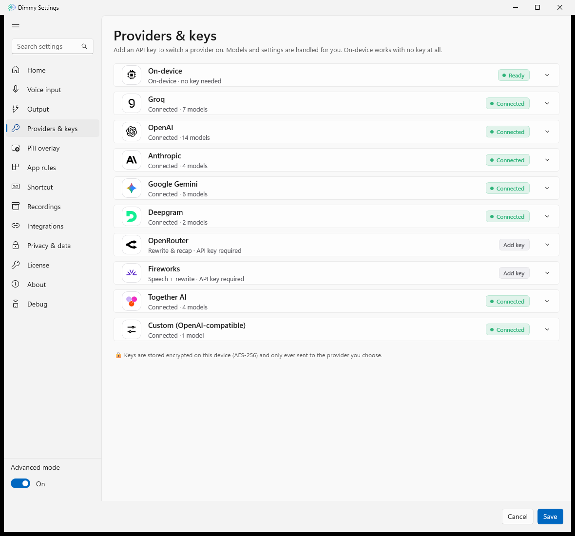 Settings → Providers & keys page with provider cards and status pills