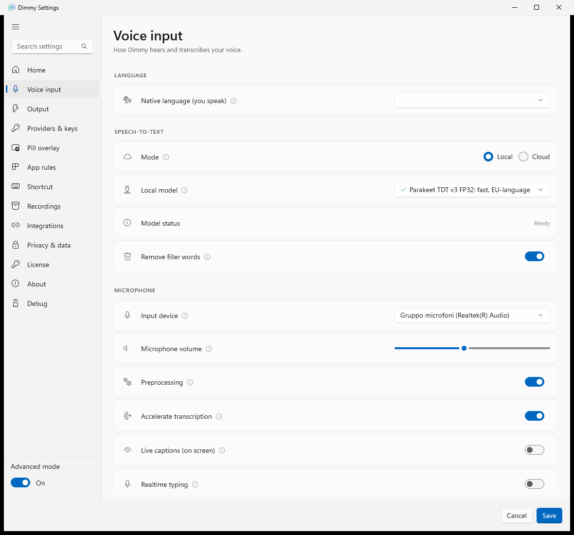 Audio tab with the device dropdown open and the live VU meter beside it