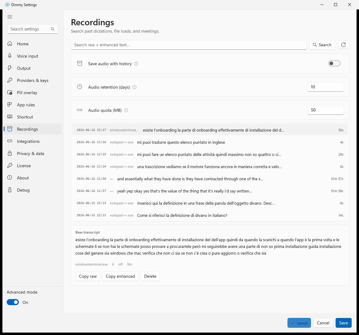 Settings → History with the list and a row expanded