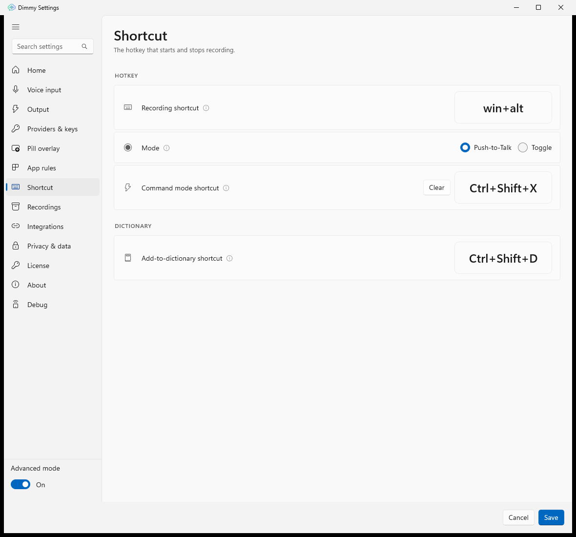 Settings → Shortcut tab showing the capture input ready to record