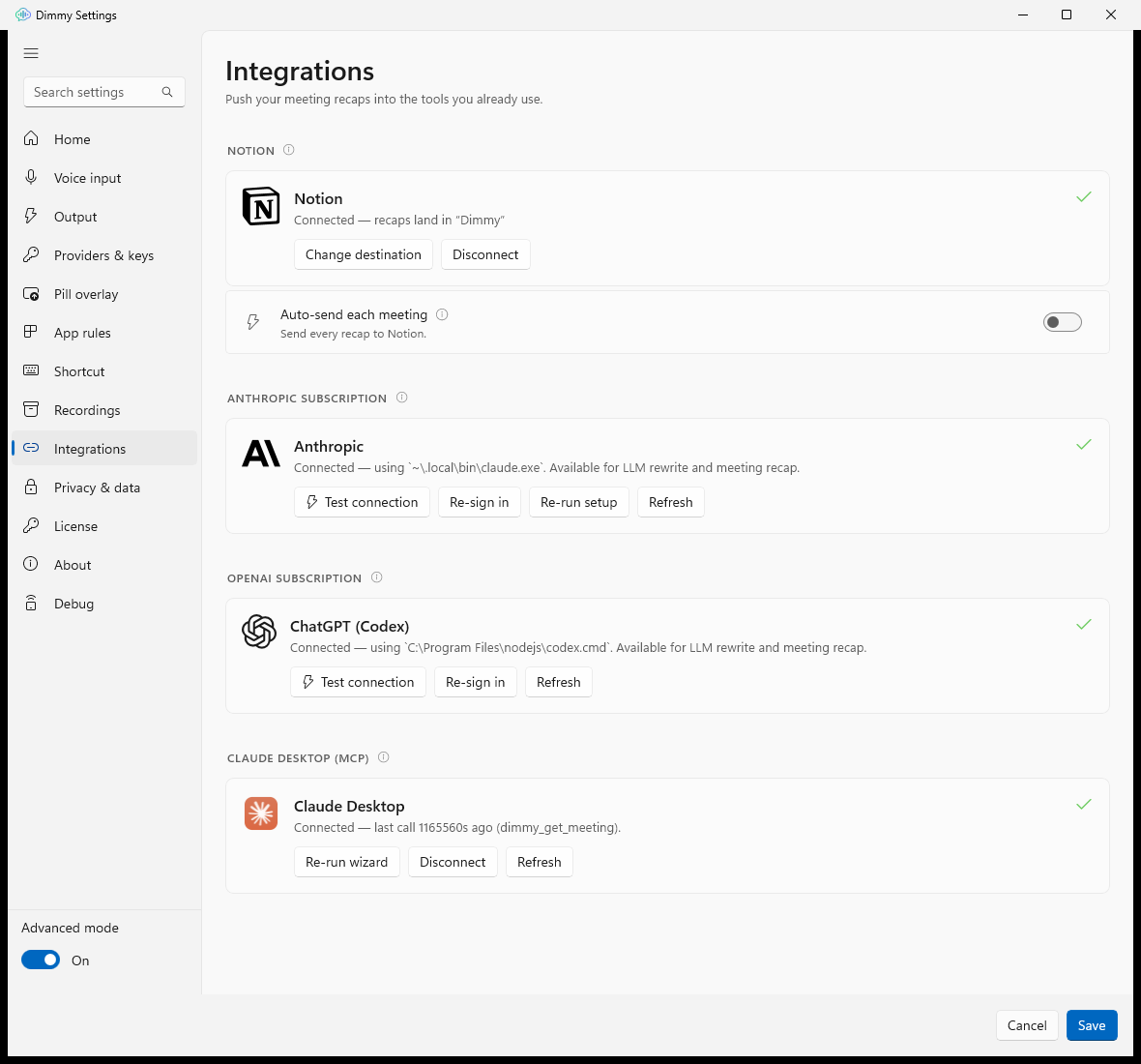 Settings → Integrations: the Claude Code subscription card showing a green connected state