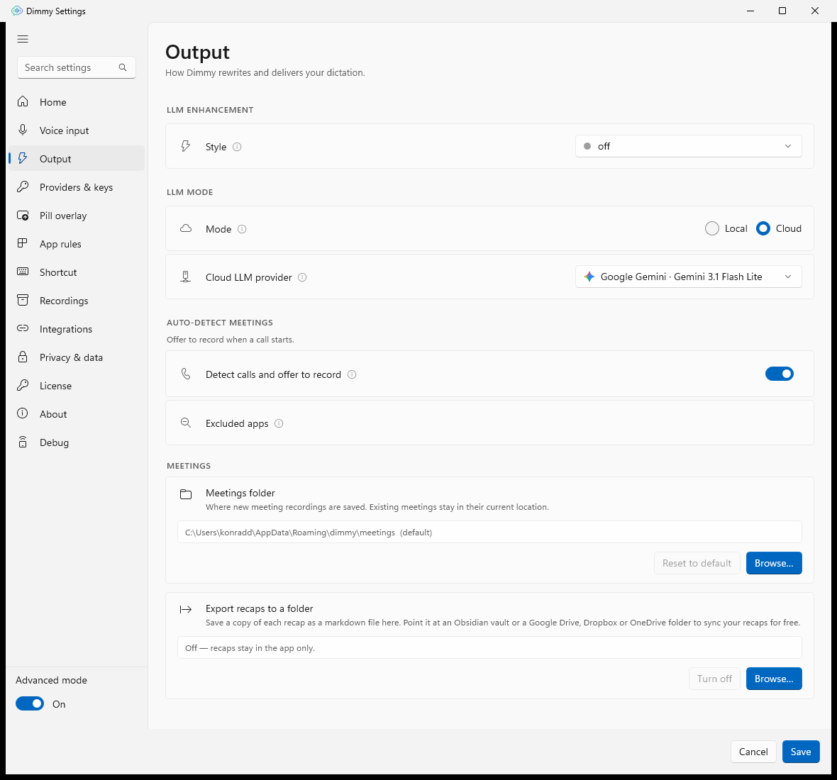 Settings → Output showing the 13 styles in a grid