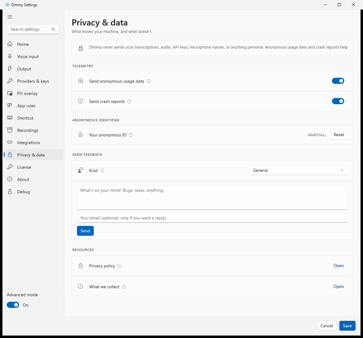 Settings → Privacy with the two telemetry toggles