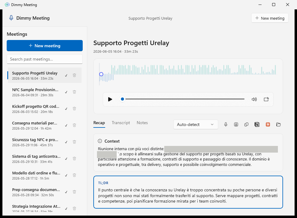 The recap open in Dimmy's in-app Done view, with TL;DR, highlights, and action items