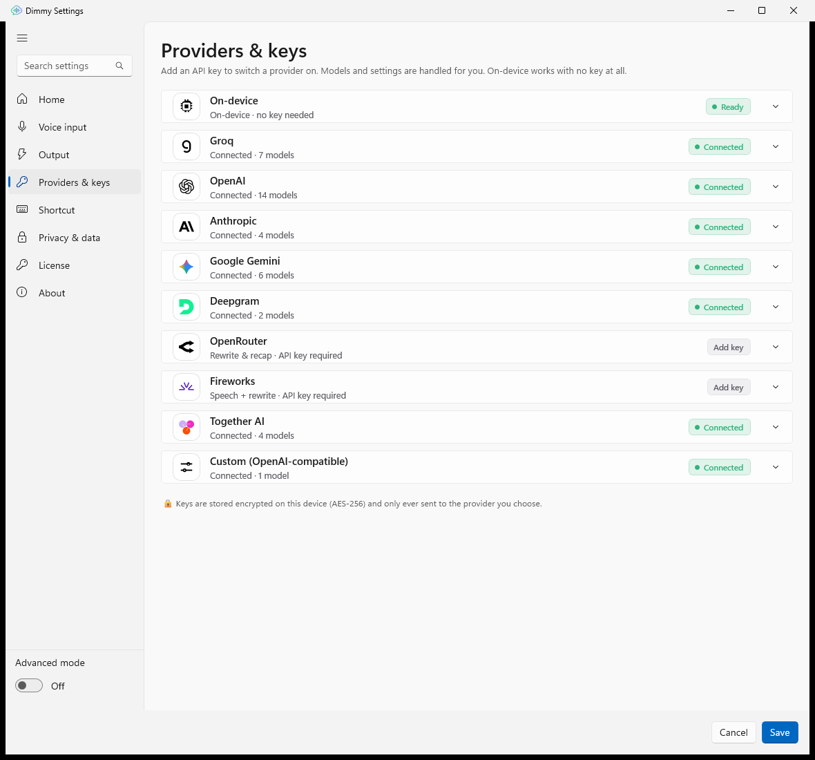 Settings → Models with the model list and download buttons